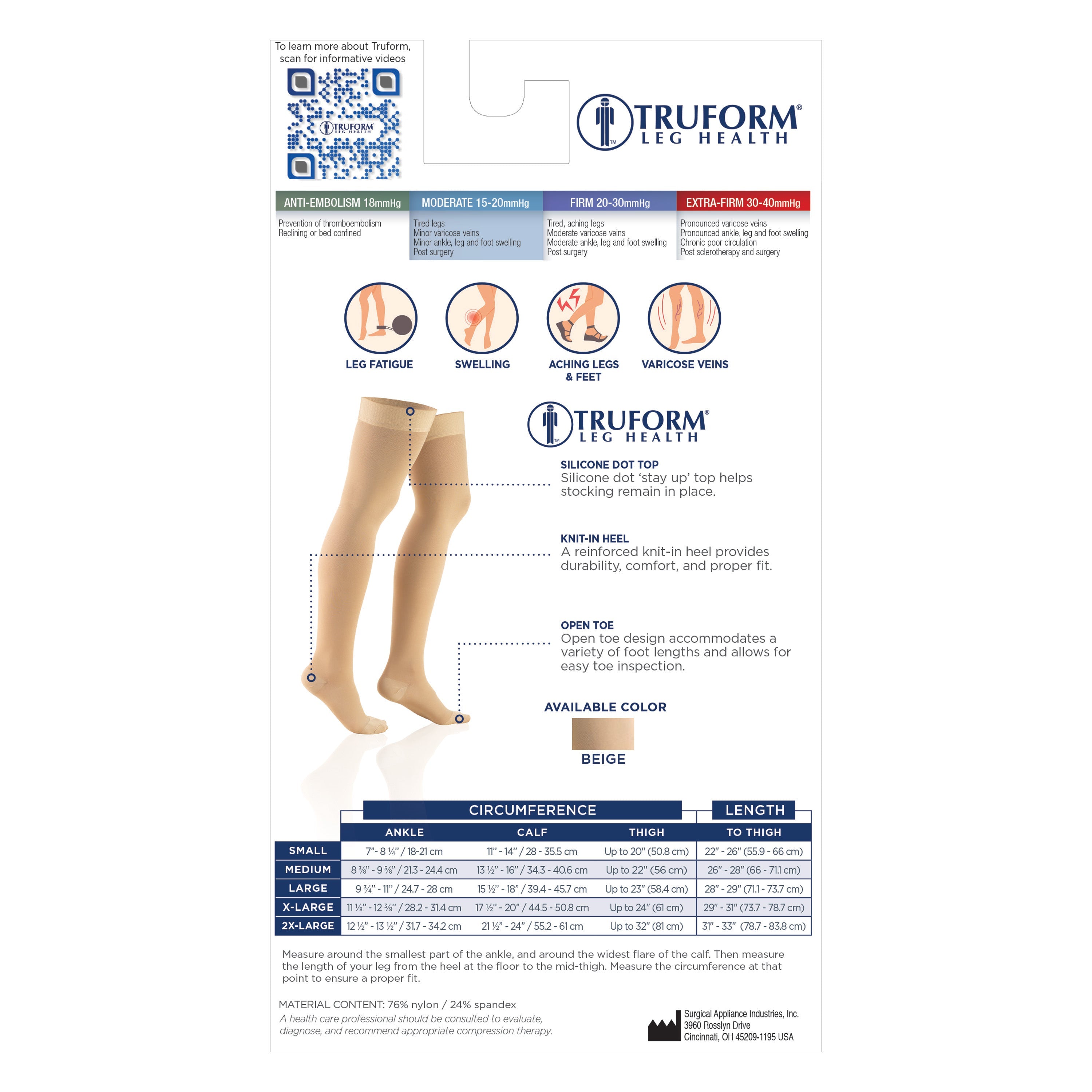 TRU-8878BG-M Truform Classic Medical Thigh High Compression Stockings 15-20 mmHg, Dotted Top, Beige, Medium